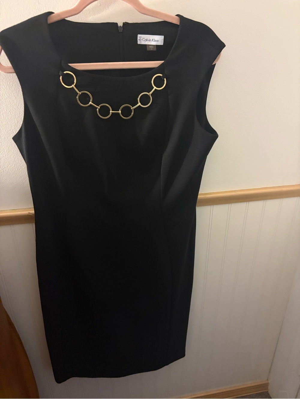 Calvin Klein Size 12 Black Sheath Dress Gold Chain Neckline Career Cocktail